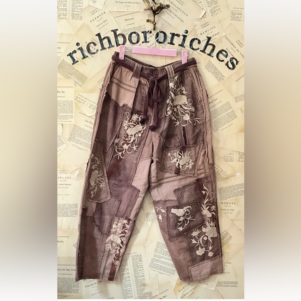 Free People We The Free Mystic Haze Embroidered Pants Floral Patched Brown - Picture 3 of 6